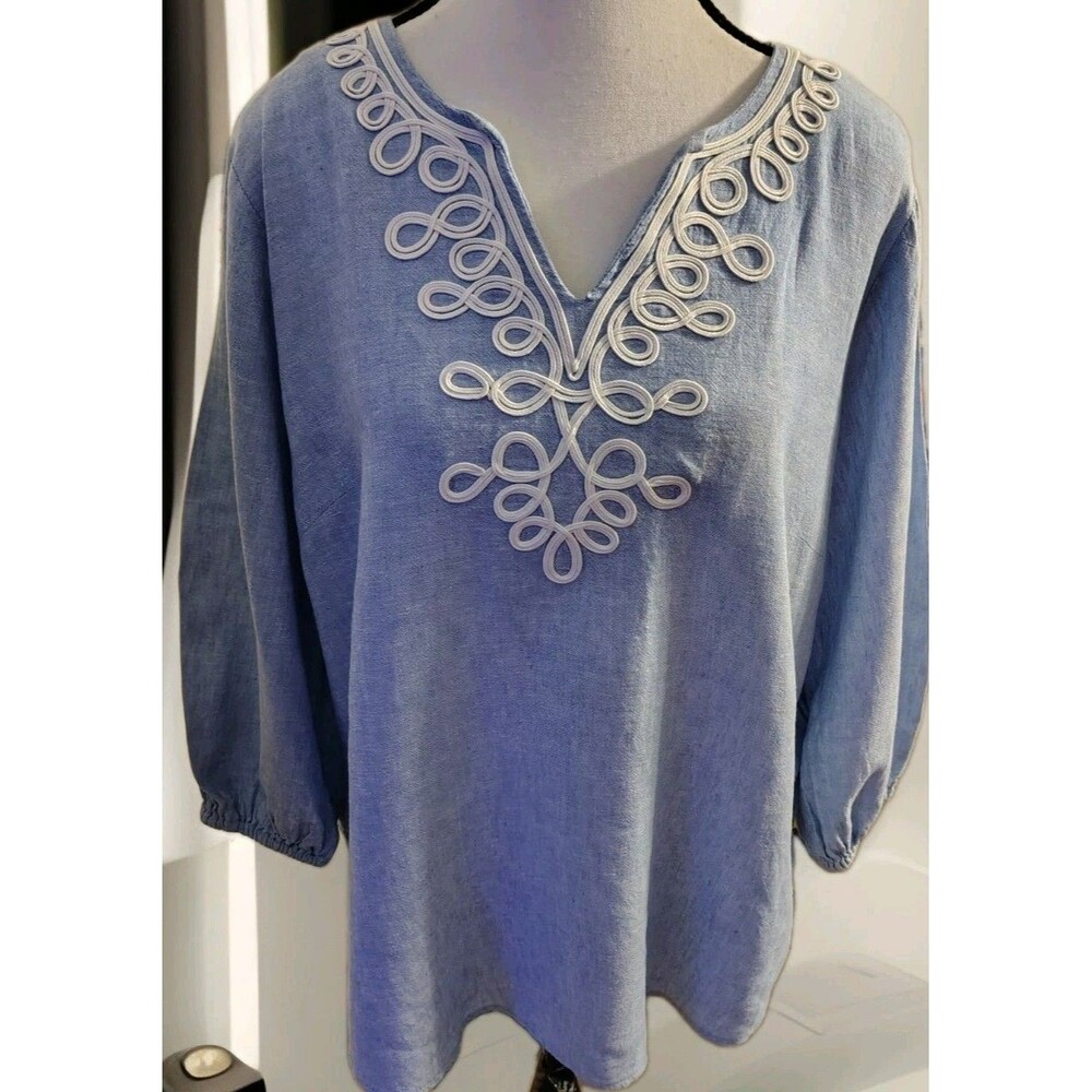 Susan Graver Pura Blouse Size LP Linen/Flax Blend Blue Tunic - Picture 4 of 10
